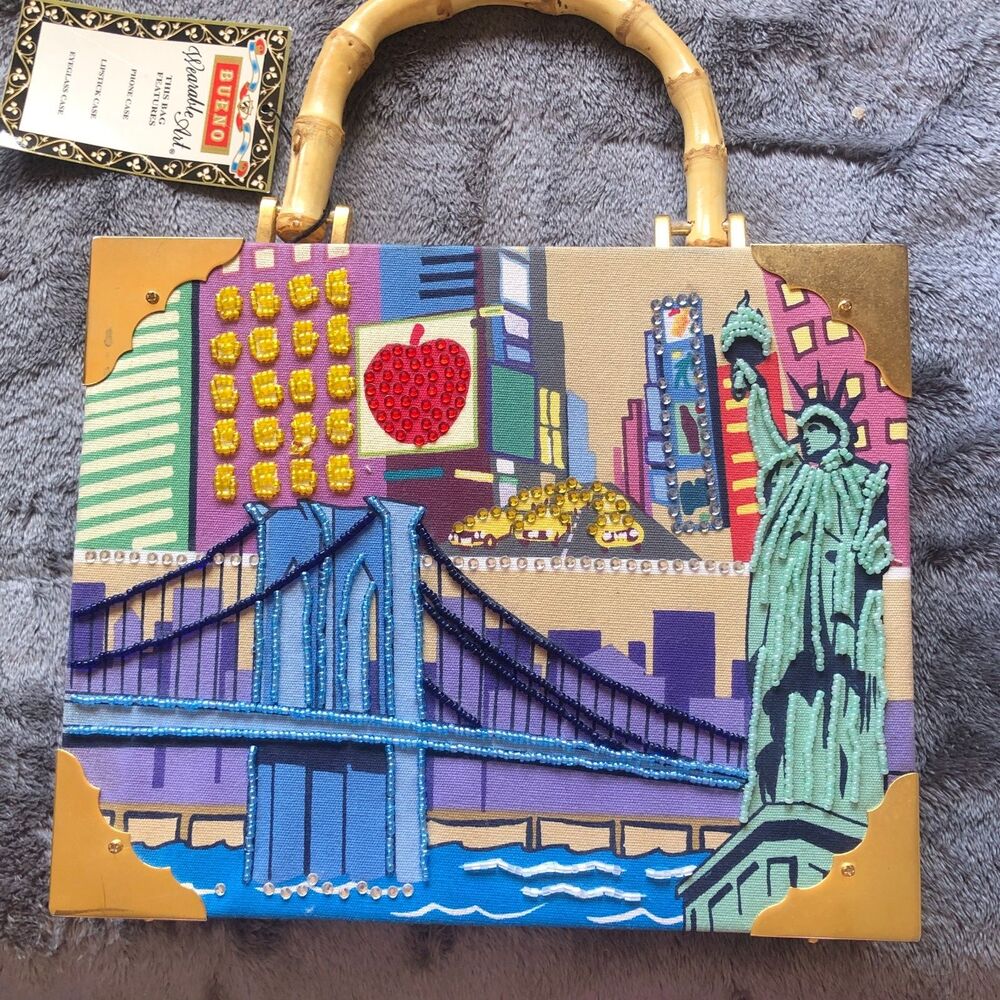 Vintage Bueno Wearable Art Cigar Box Purse New York City Bamboo Handle NWT